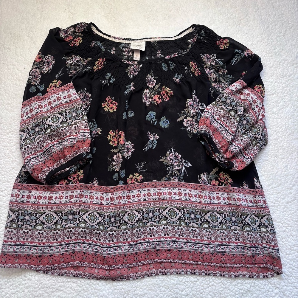 Knox Rose Black and Pink Floral Boho Sheer Blouse size medium